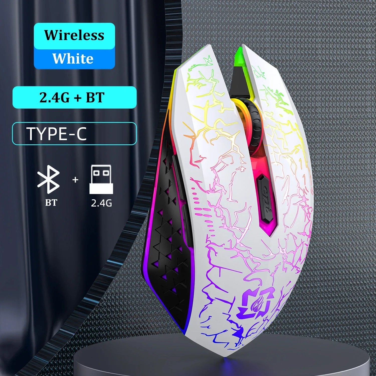 Souris de jeu sans fil ergonomique RVB, Bluetooth 2.4G, 1600 DPI, 6 boutons silencieux 11
