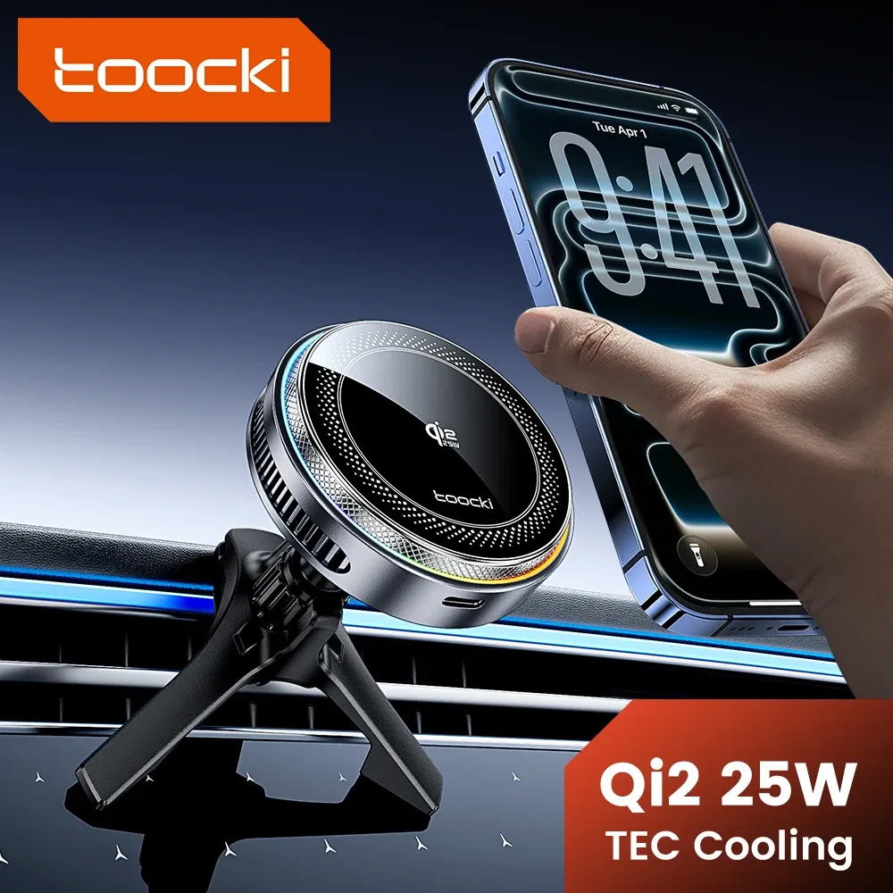 Support magnétique pour voiture Toocki Qi2.2 25 W avec chargeur sans fil et refroidissement TEC, compatible iPhone 15 à 17, Samsung S25/S26 et MagSafe