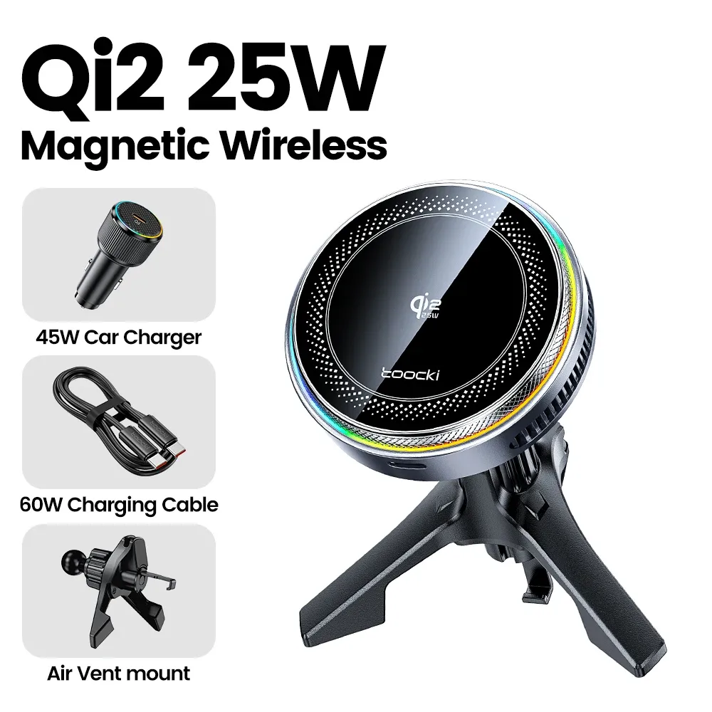 Support magnétique pour voiture Toocki Qi2.2 25 W avec chargeur sans fil et refroidissement TEC, compatible iPhone 15 à 17, Samsung S25/S26 et MagSafe 7