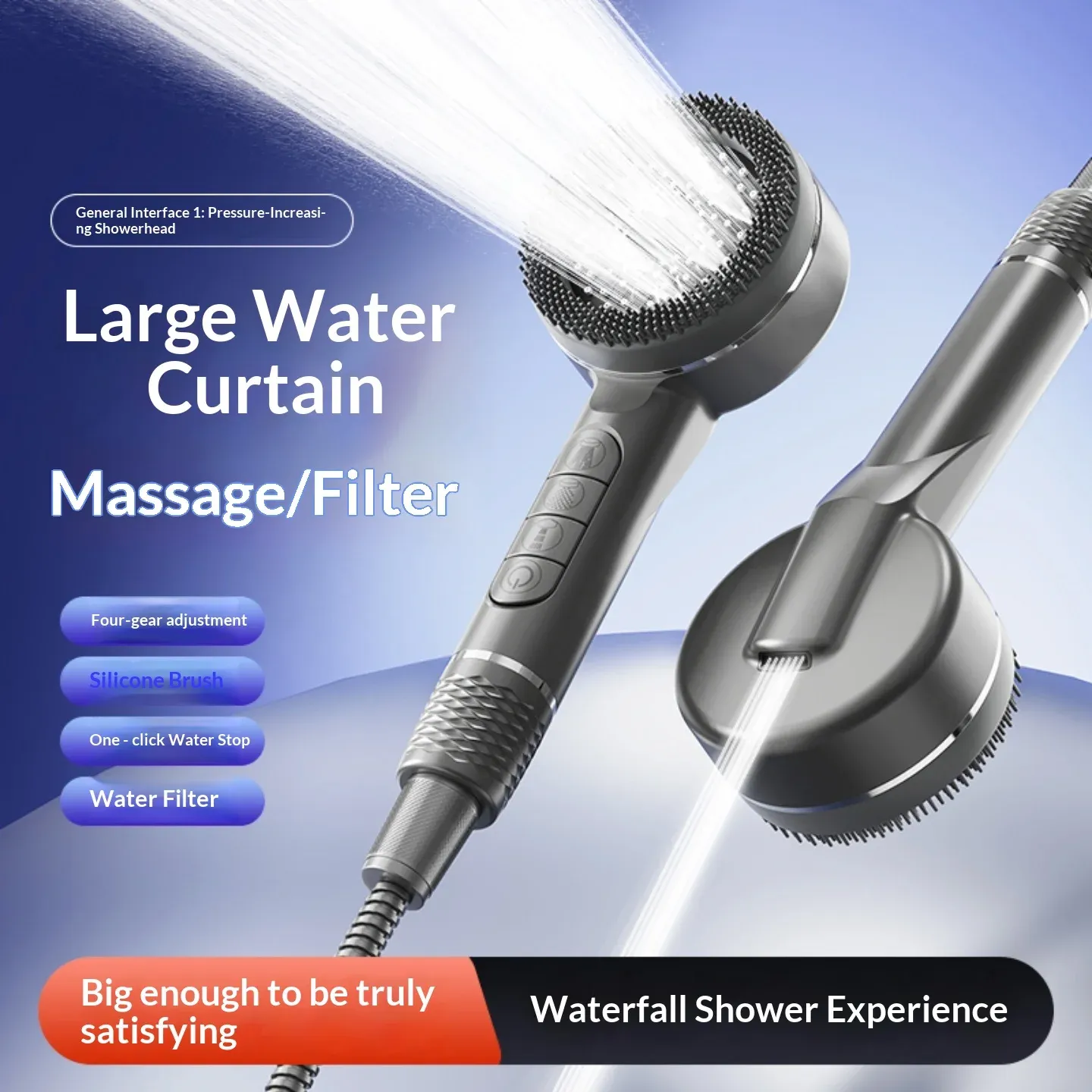 Pommeau de douche autonettoyant 4 modes avec brosse en silicone, arrêt d'eau à touche unique, massage haute pression, en ABS avec filtre