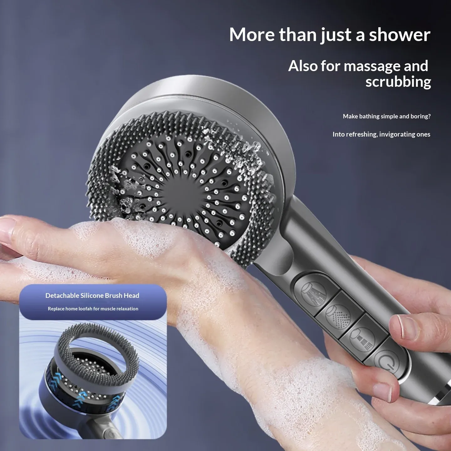 Pommeau de douche autonettoyant 4 modes avec brosse en silicone, arrêt d'eau à touche unique, massage haute pression, en ABS avec filtre 3