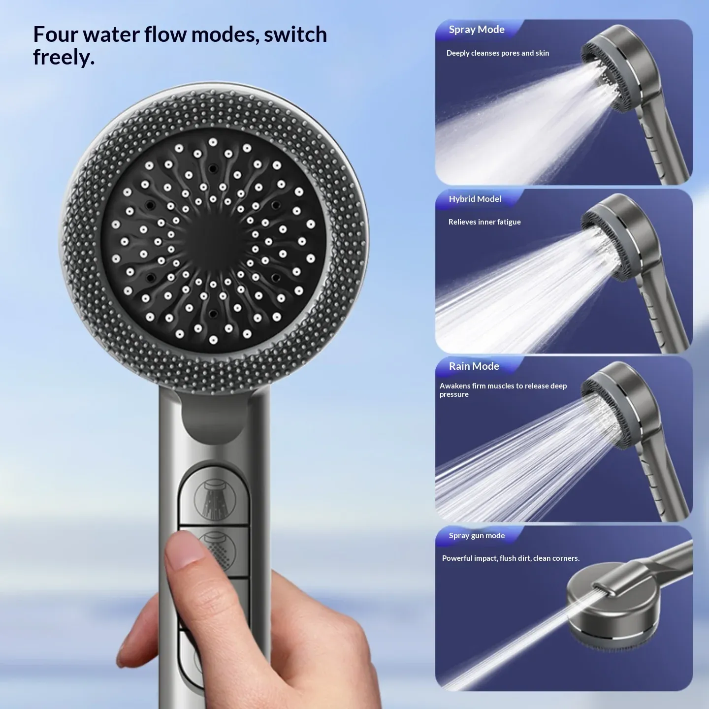 Pommeau de douche autonettoyant 4 modes avec brosse en silicone, arrêt d'eau à touche unique, massage haute pression, en ABS avec filtre 4