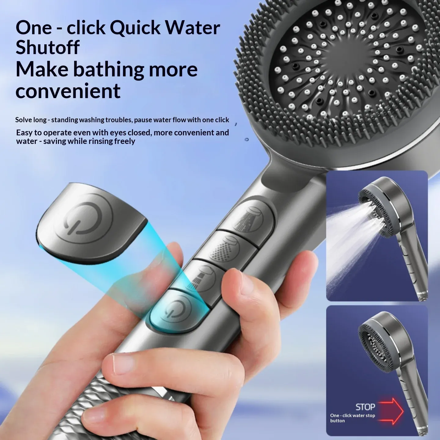 Pommeau de douche autonettoyant 4 modes avec brosse en silicone, arrêt d'eau à touche unique, massage haute pression, en ABS avec filtre 5