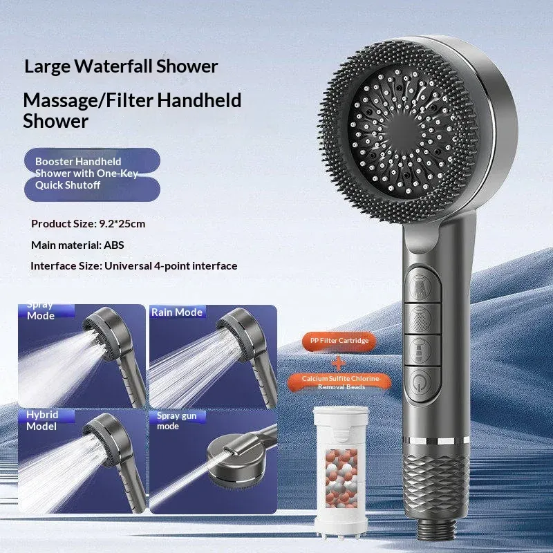 Pommeau de douche autonettoyant 4 modes avec brosse en silicone, arrêt d'eau à touche unique, massage haute pression, en ABS avec filtre 6