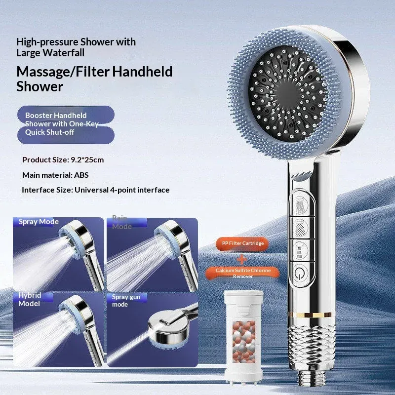 Pommeau de douche autonettoyant 4 modes avec brosse en silicone, arrêt d'eau à touche unique, massage haute pression, en ABS avec filtre 24