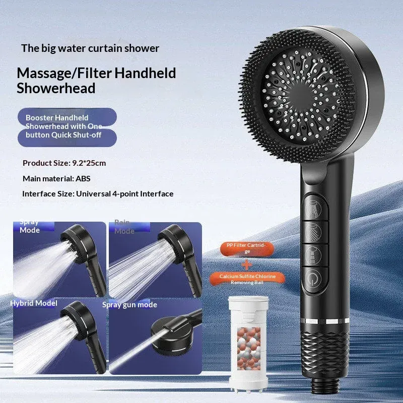 Pommeau de douche autonettoyant 4 modes avec brosse en silicone, arrêt d'eau à touche unique, massage haute pression, en ABS avec filtre 25