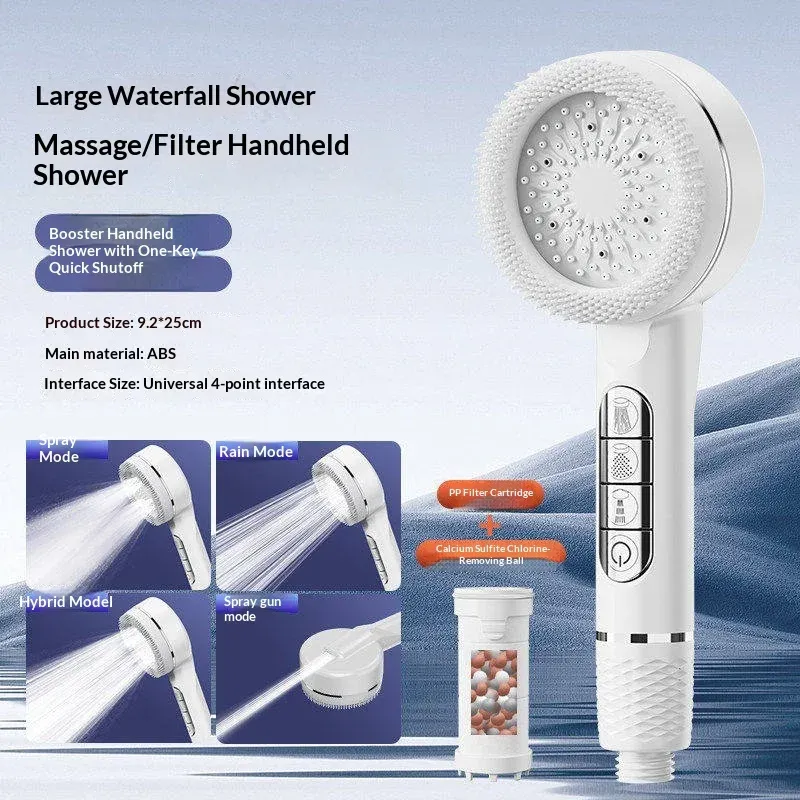 Pommeau de douche autonettoyant 4 modes avec brosse en silicone, arrêt d'eau à touche unique, massage haute pression, en ABS avec filtre 26