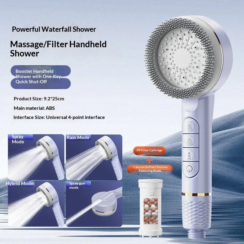 Pommeau de douche autonettoyant 4 modes avec brosse en silicone, arrêt d'eau à touche unique, massage haute pression, en ABS avec filtre 27