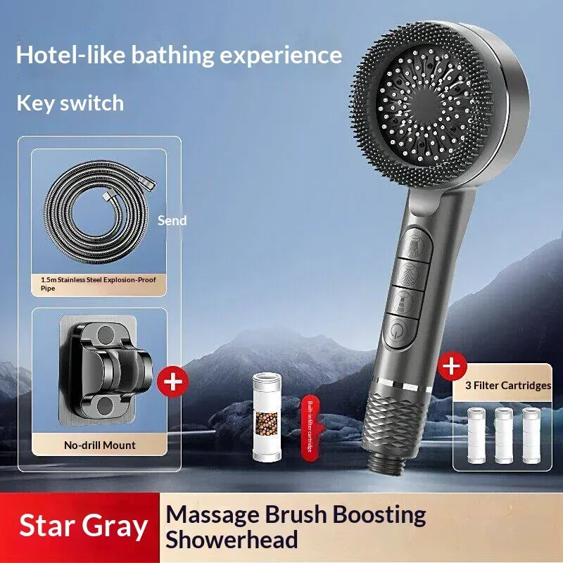 Pommeau de douche autonettoyant 4 modes avec brosse en silicone, arrêt d'eau à touche unique, massage haute pression, en ABS avec filtre 28