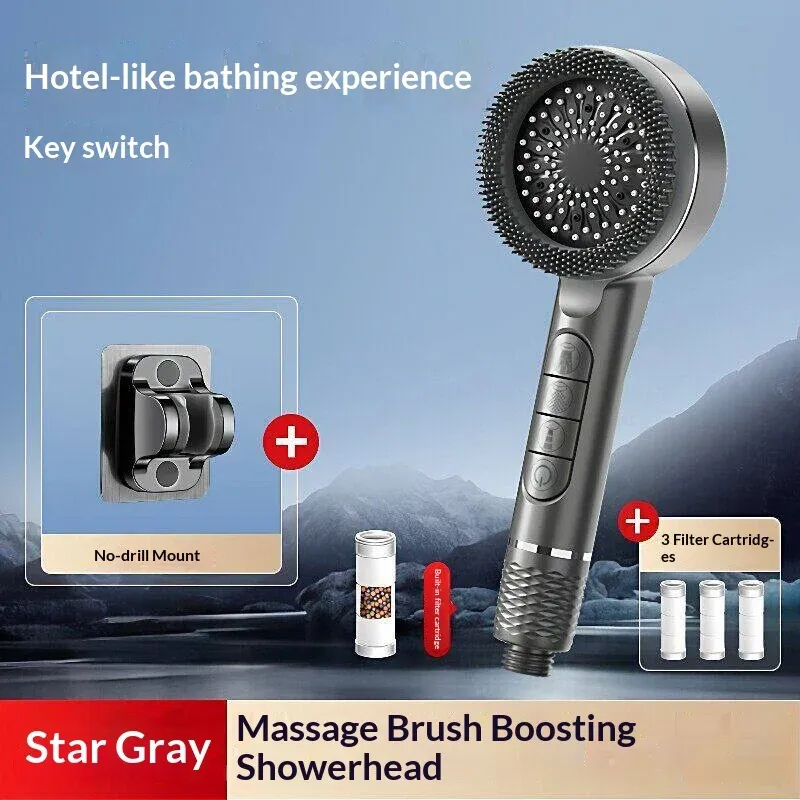 Pommeau de douche autonettoyant 4 modes avec brosse en silicone, arrêt d'eau à touche unique, massage haute pression, en ABS avec filtre 16