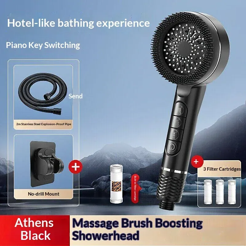 Pommeau de douche autonettoyant 4 modes avec brosse en silicone, arrêt d'eau à touche unique, massage haute pression, en ABS avec filtre 18