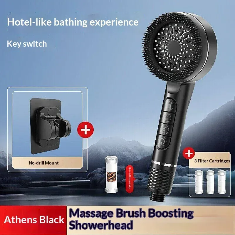 Pommeau de douche autonettoyant 4 modes avec brosse en silicone, arrêt d'eau à touche unique, massage haute pression, en ABS avec filtre 19