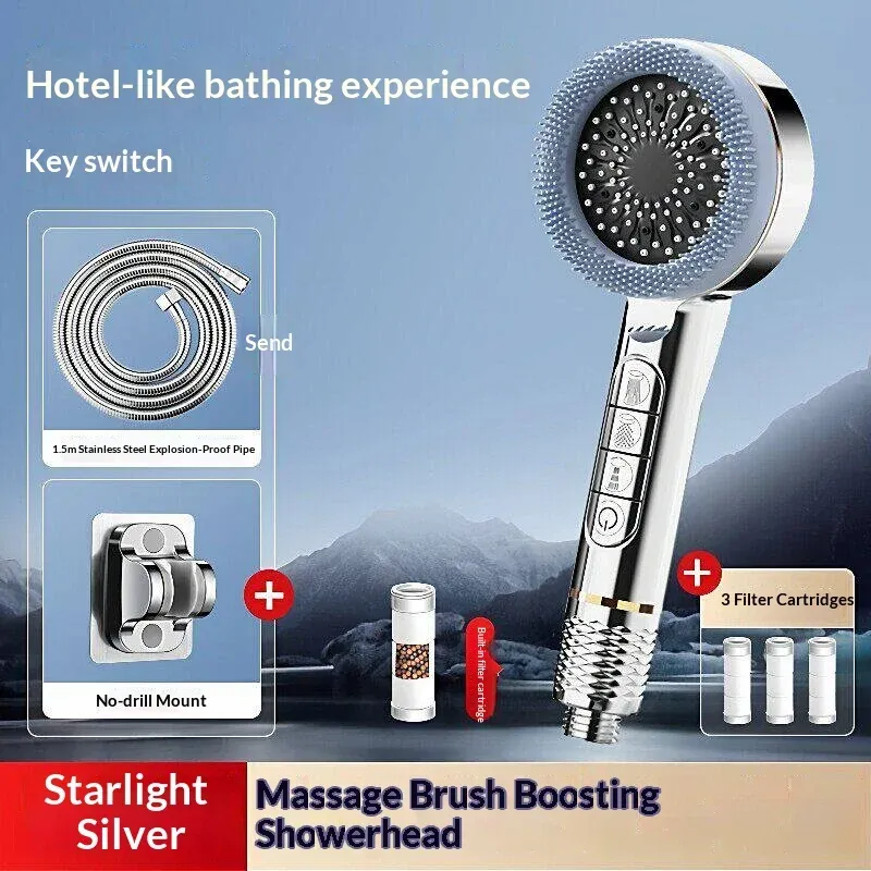 Pommeau de douche autonettoyant 4 modes avec brosse en silicone, arrêt d'eau à touche unique, massage haute pression, en ABS avec filtre 20