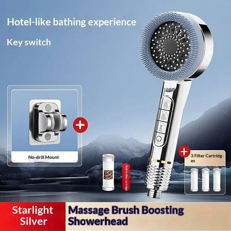 Pommeau de douche autonettoyant 4 modes avec brosse en silicone, arrêt d'eau à touche unique, massage haute pression, en ABS avec filtre 22