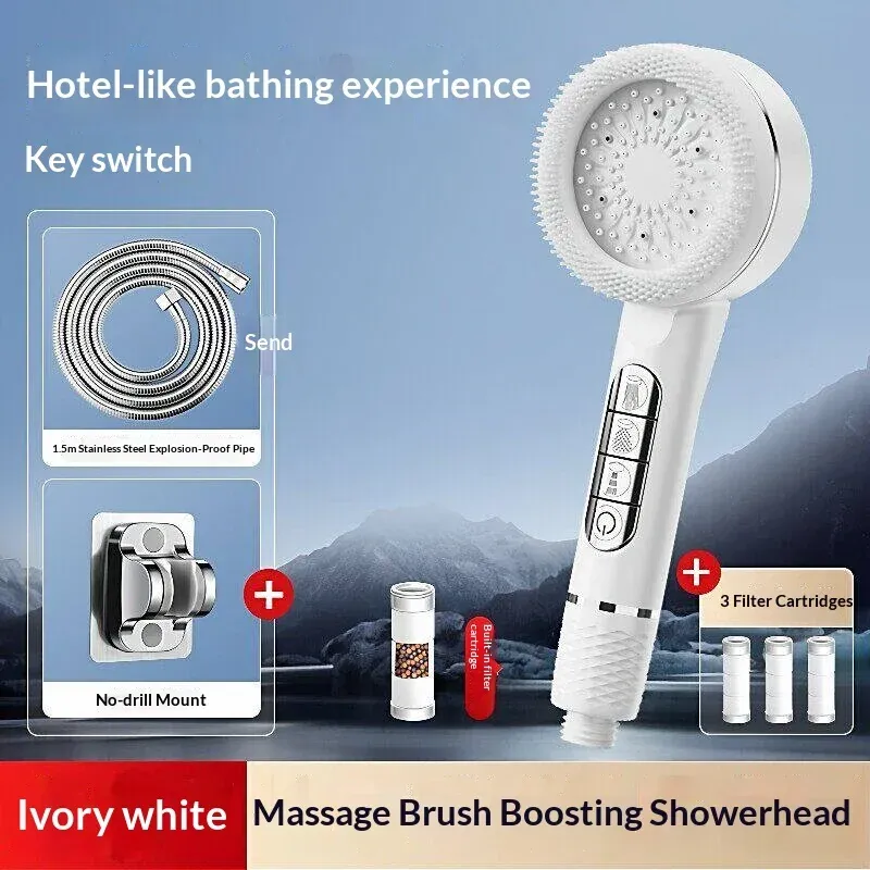 Pommeau de douche autonettoyant 4 modes avec brosse en silicone, arrêt d'eau à touche unique, massage haute pression, en ABS avec filtre 7