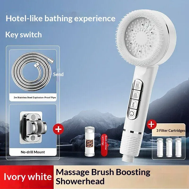 Pommeau de douche autonettoyant 4 modes avec brosse en silicone, arrêt d'eau à touche unique, massage haute pression, en ABS avec filtre 8