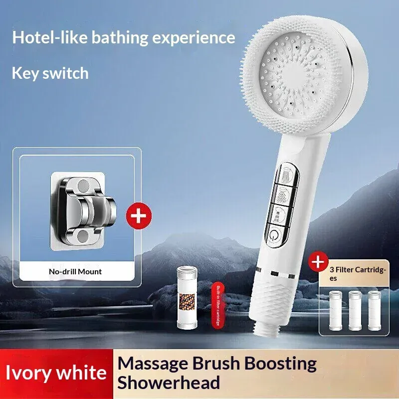 Pommeau de douche autonettoyant 4 modes avec brosse en silicone, arrêt d'eau à touche unique, massage haute pression, en ABS avec filtre 9