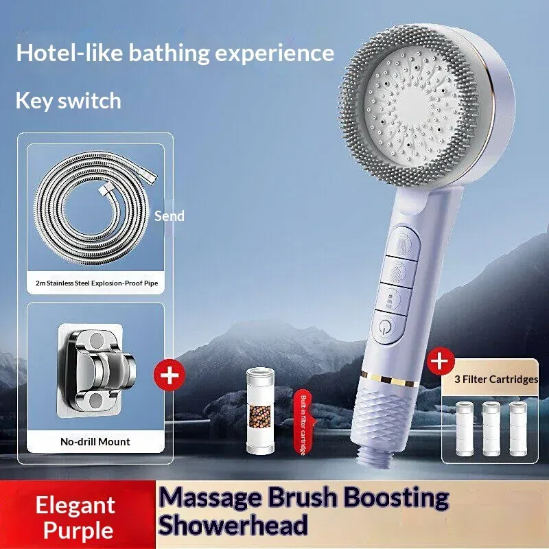 Pommeau de douche autonettoyant 4 modes avec brosse en silicone, arrêt d'eau à touche unique, massage haute pression, en ABS avec filtre 11