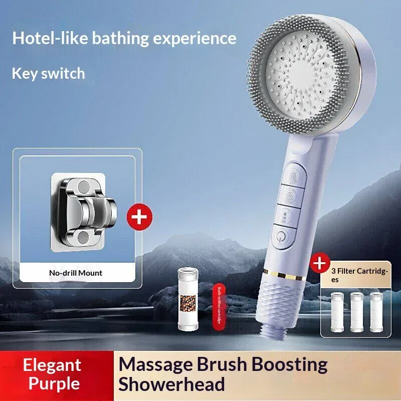 Pommeau de douche autonettoyant 4 modes avec brosse en silicone, arrêt d'eau à touche unique, massage haute pression, en ABS avec filtre 12