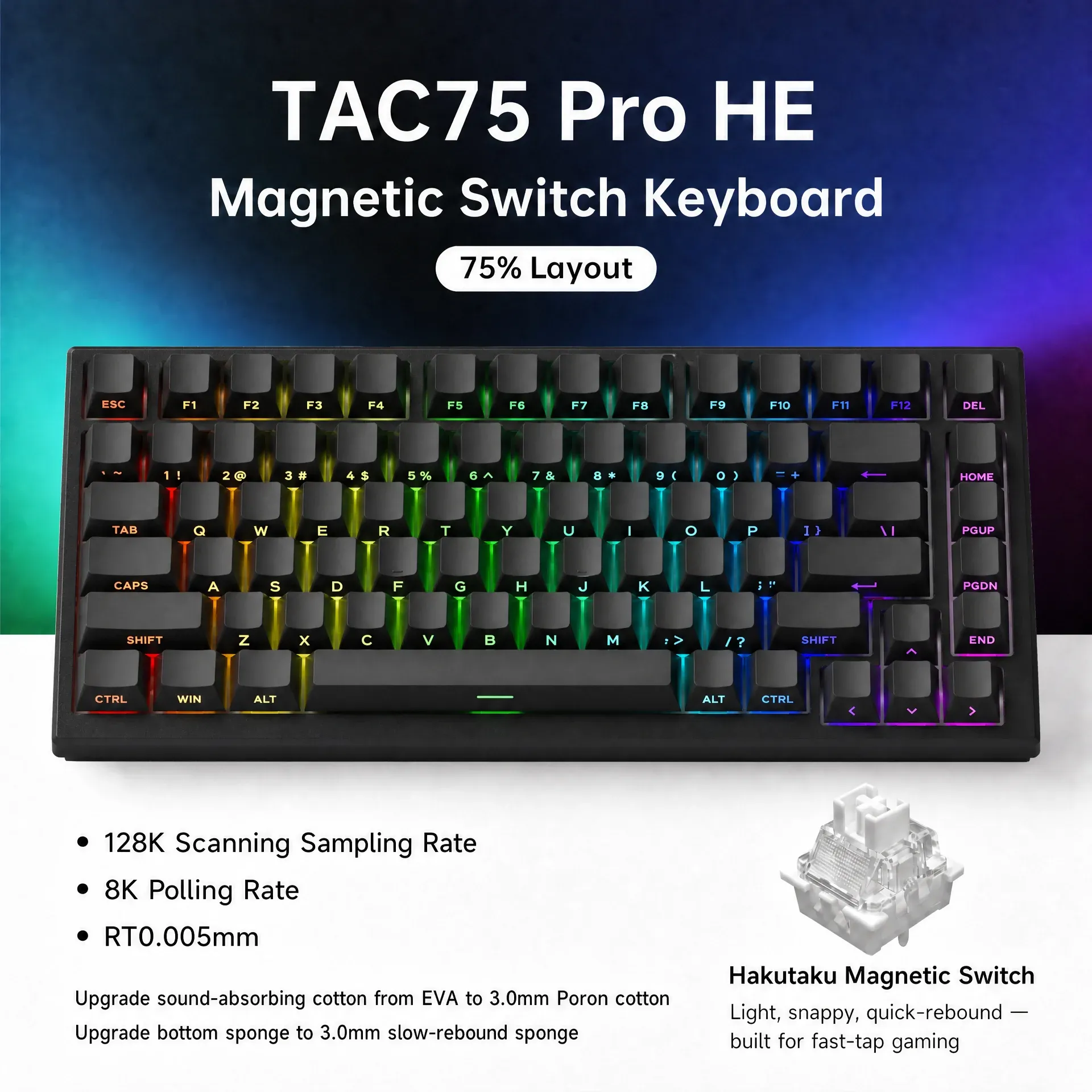 AKKO TAC75 HE Clavier magnétique 75 % à effet Hall, déclenchement rapide 0,005 mm, 8K, RGB, filaire, clavier gaming personnalisable pour gamers 8
