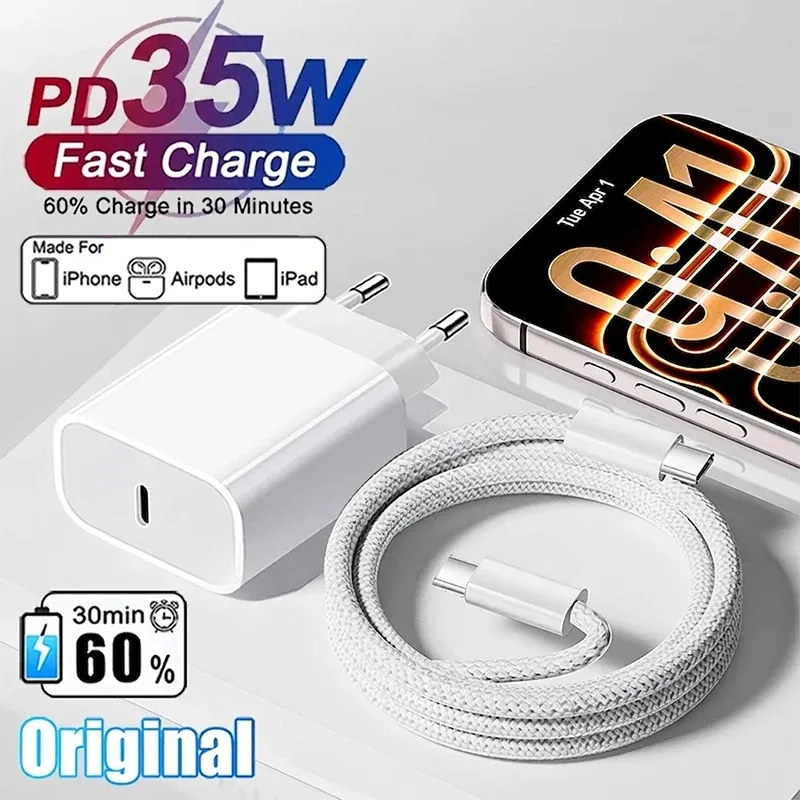 Chargeur Rapide Original Apple 35W USB-C pour iPhone 17, 16, 15, 14, 13, 12, 11, Pro Max, Samsung S25, Xiaomi, avec Câble Lightning