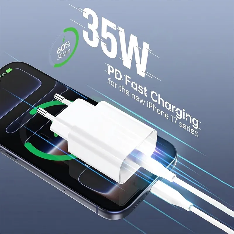 Chargeur Rapide Original Apple 35W USB-C pour iPhone 17, 16, 15, 14, 13, 12, 11, Pro Max, Samsung S25, Xiaomi, avec Câble Lightning 2