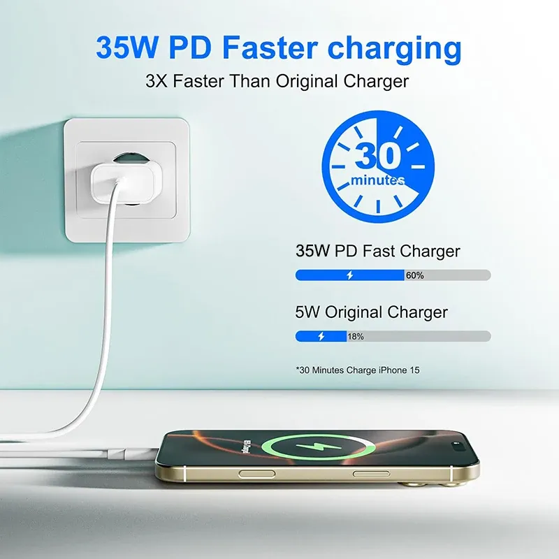 Chargeur Rapide Original Apple 35W USB-C pour iPhone 17, 16, 15, 14, 13, 12, 11, Pro Max, Samsung S25, Xiaomi, avec Câble Lightning 3