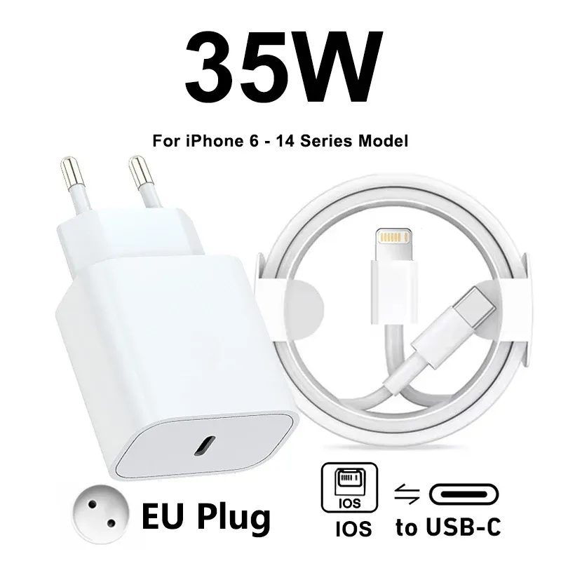 Chargeur Rapide Original Apple 35W USB-C pour iPhone 17, 16, 15, 14, 13, 12, 11, Pro Max, Samsung S25, Xiaomi, avec Câble Lightning 14