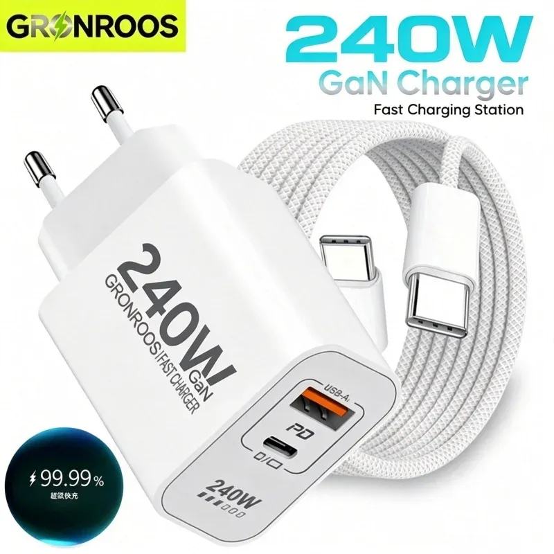 Chargeur USB-C GaN 240 W à charge rapide PD 3.0 et QC 3.0 pour iPhone 12 à 17 Pro Max, Xiaomi Poco et iPad - Image 1