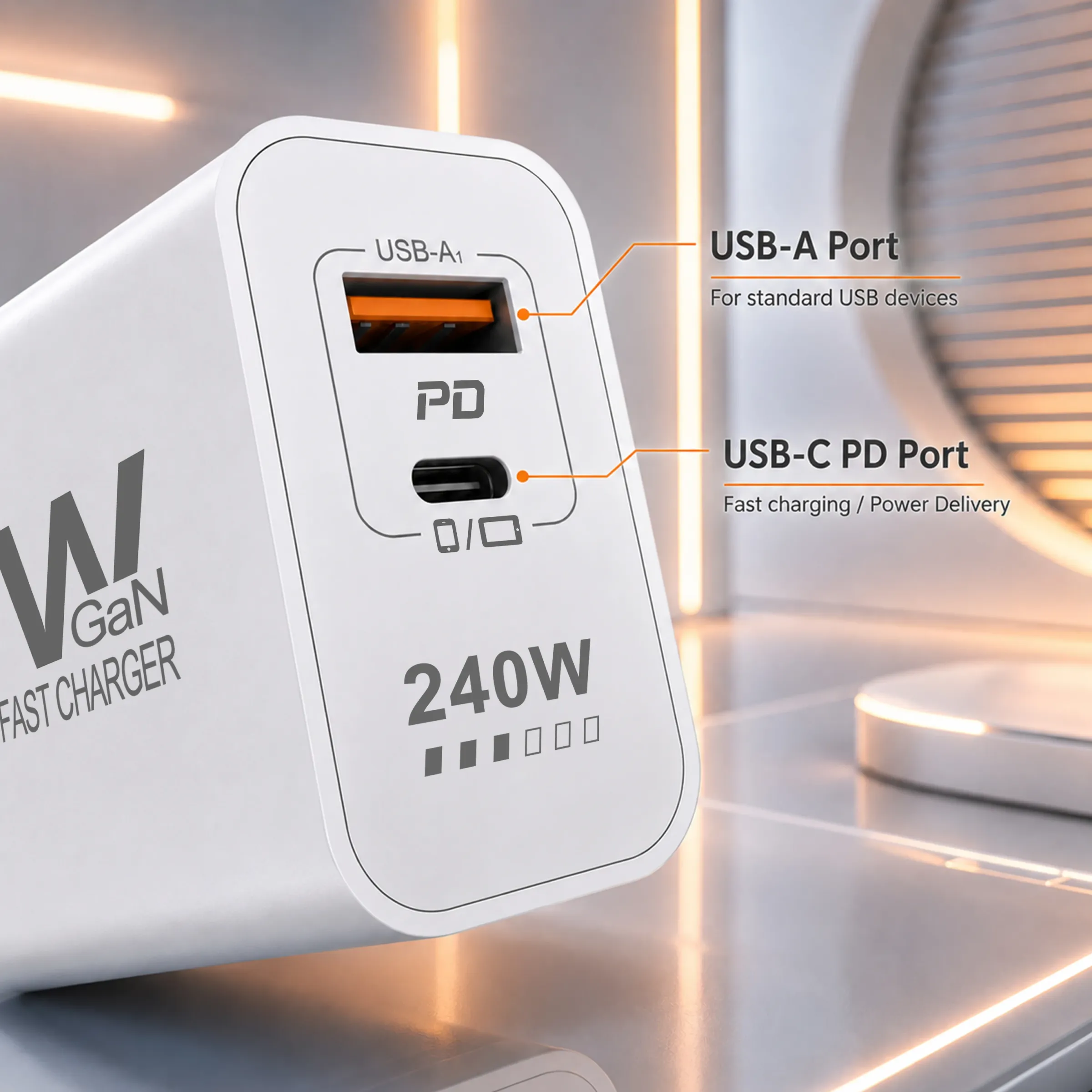 Chargeur USB-C GaN 240 W à charge rapide PD 3.0 et QC 3.0 pour iPhone 12 à 17 Pro Max, Xiaomi Poco et iPad 3