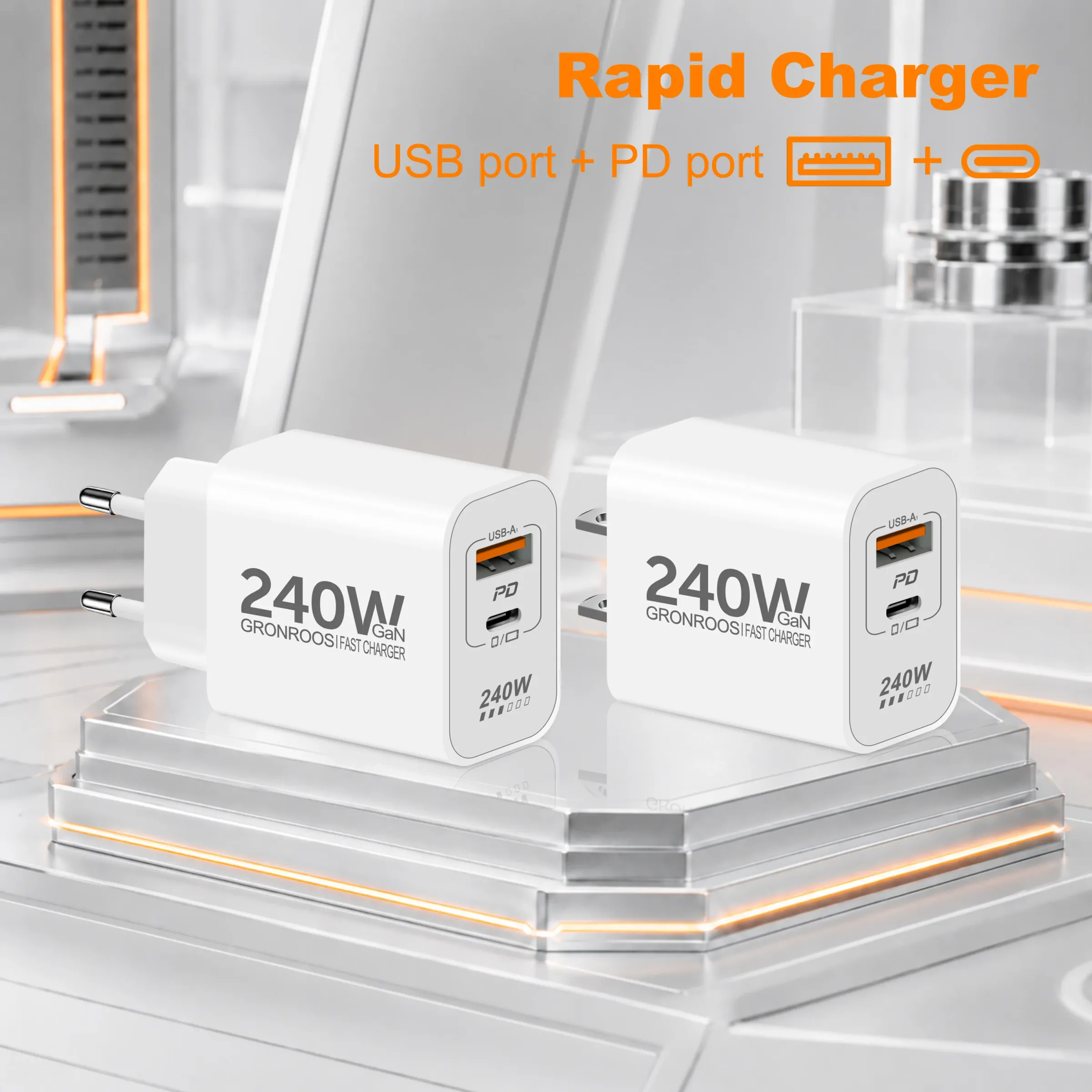 Chargeur USB-C GaN 240 W à charge rapide PD 3.0 et QC 3.0 pour iPhone 12 à 17 Pro Max, Xiaomi Poco et iPad 2