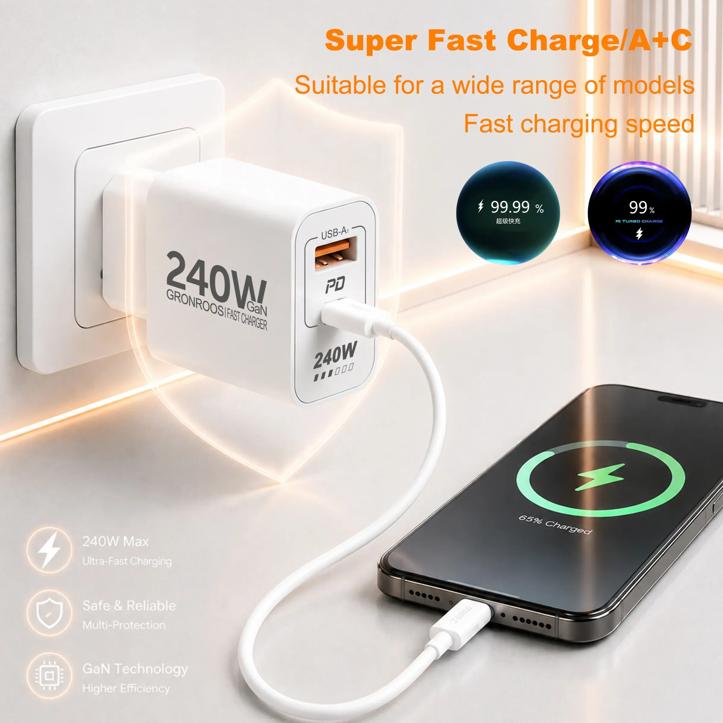 Chargeur USB-C GaN 240 W à charge rapide PD 3.0 et QC 3.0 pour iPhone 12 à 17 Pro Max, Xiaomi Poco et iPad 4