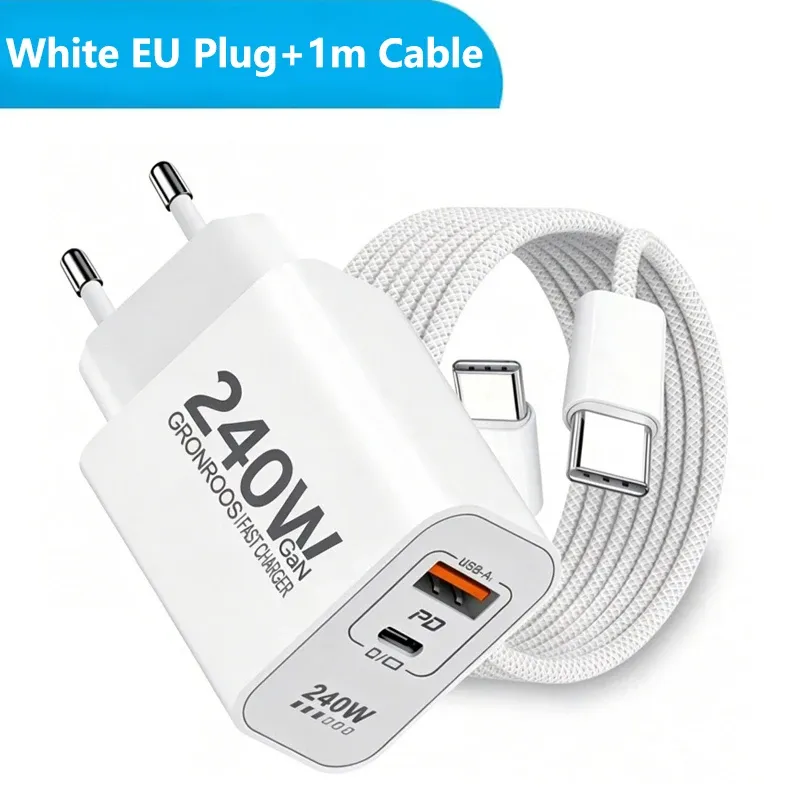Chargeur USB-C GaN 240 W à charge rapide PD 3.0 et QC 3.0 pour iPhone 12 à 17 Pro Max, Xiaomi Poco et iPad 11