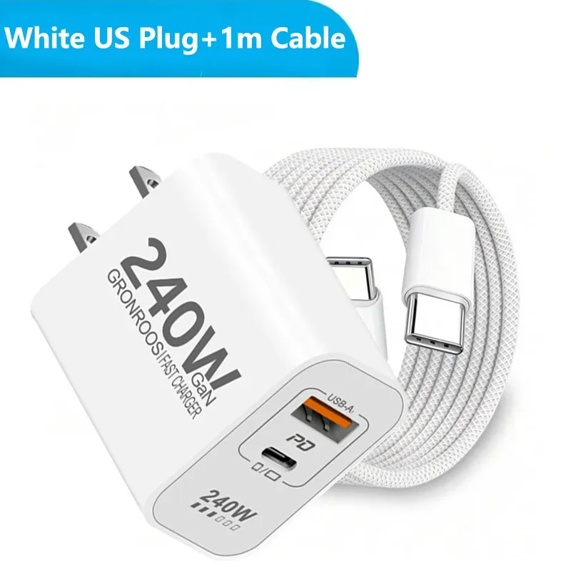 Chargeur USB-C GaN 240 W à charge rapide PD 3.0 et QC 3.0 pour iPhone 12 à 17 Pro Max, Xiaomi Poco et iPad 10
