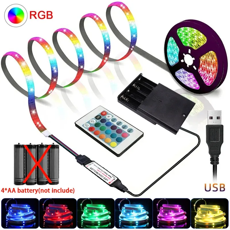 Ruban LED RVB flexible avec batterie USB 5 V et télécommande infrarouge, pour chambre, maison et rétroéclairage TV