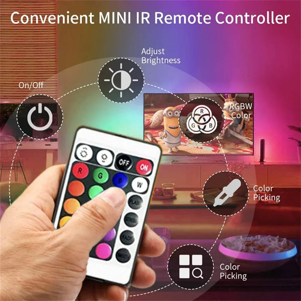 Ruban LED RVB flexible avec batterie USB 5 V et télécommande infrarouge, pour chambre, maison et rétroéclairage TV 2