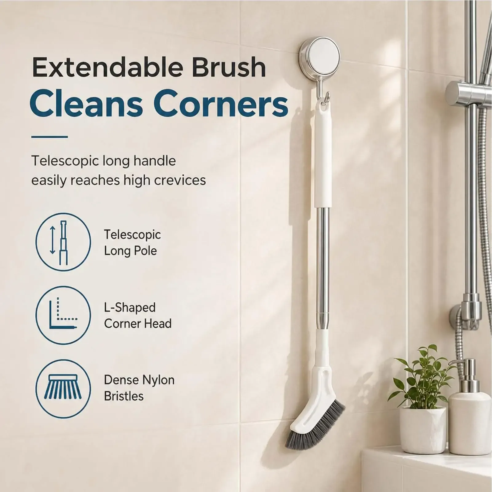 Brosse à joints à poils durs, anti-dérapante, à long manche, à suspendre, pour carrelage, sol, cuisine et salle de bain 4