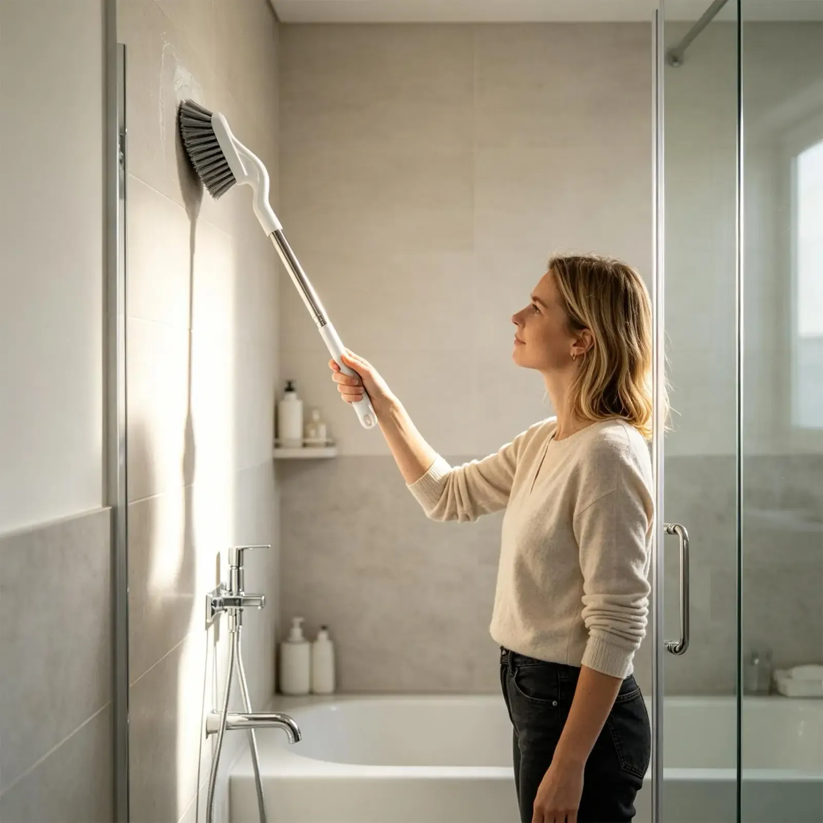 Brosse de nettoyage pour carrelage en situation d'utilisation