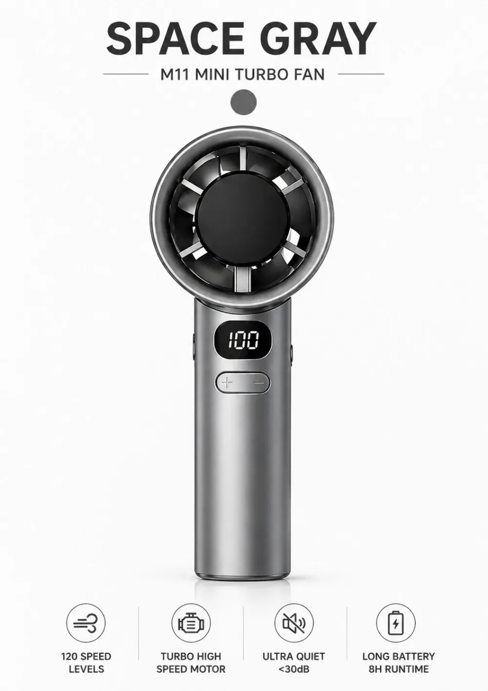 Ventilateur portatif rechargeable USB à haute vitesse avec affichage numérique et 120 vitesses réglables 8