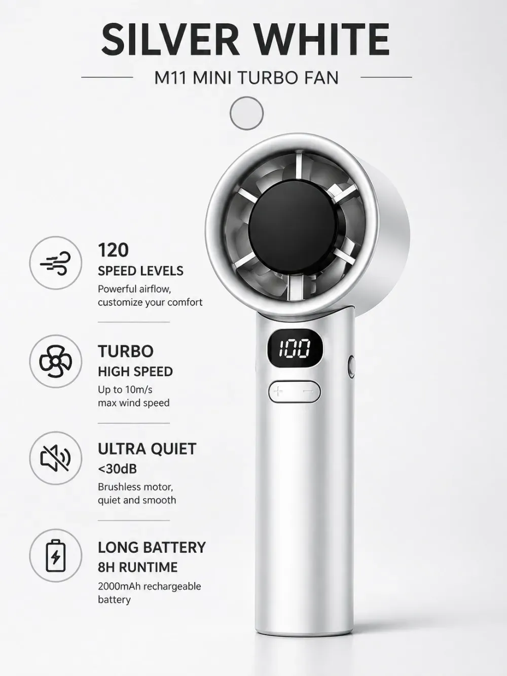 Ventilateur portatif rechargeable USB à haute vitesse avec affichage numérique et 120 vitesses réglables 9