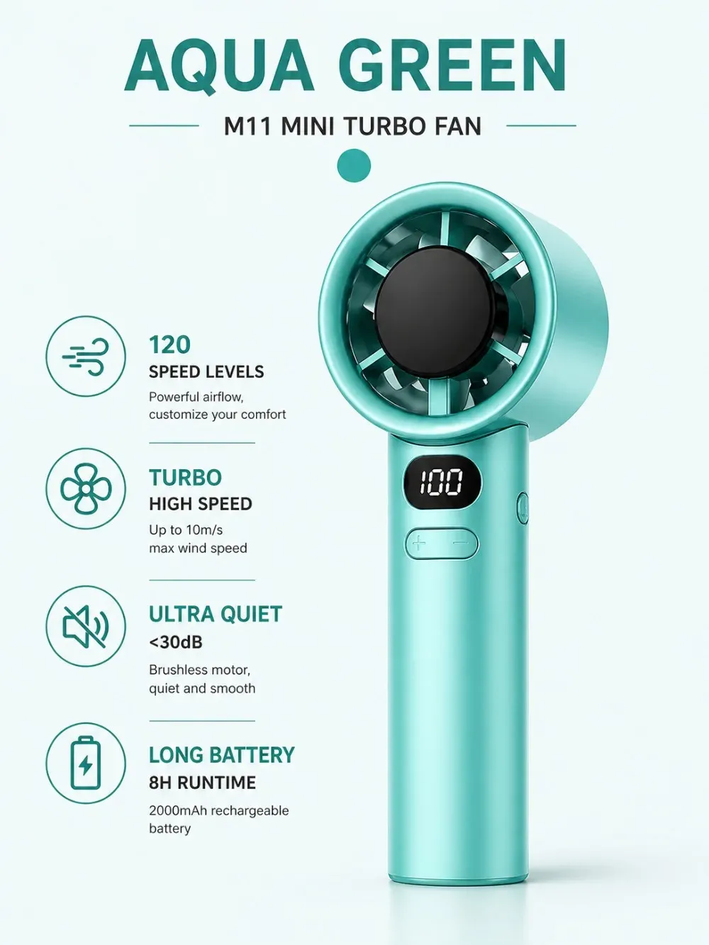 Ventilateur portatif rechargeable USB à haute vitesse avec affichage numérique et 120 vitesses réglables 10