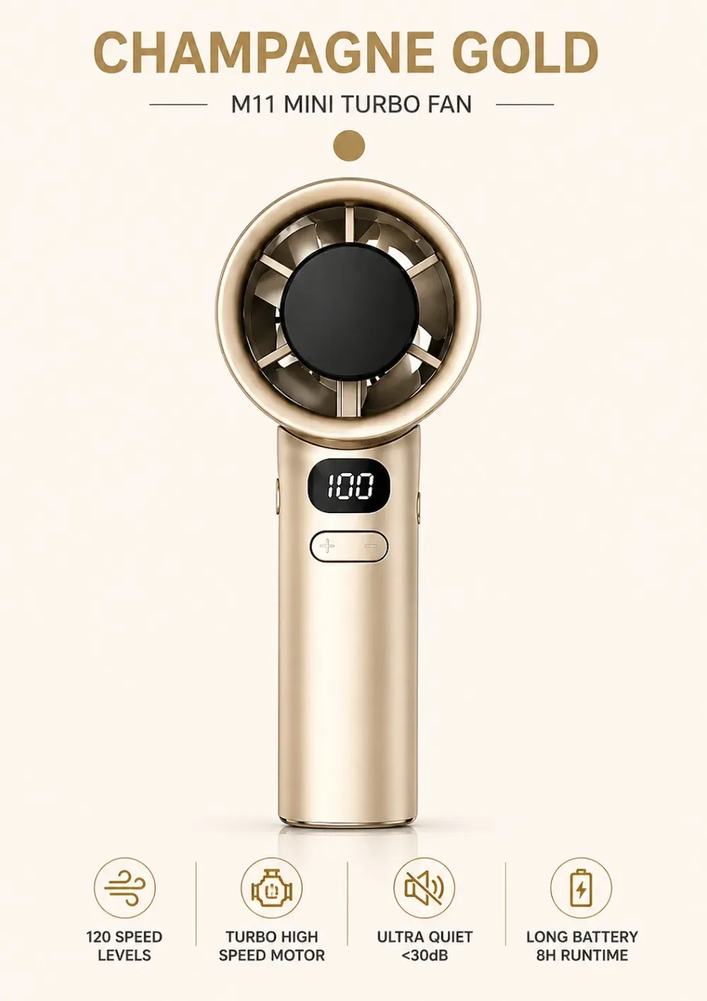 Ventilateur portatif rechargeable USB à haute vitesse avec affichage numérique et 120 vitesses réglables 7