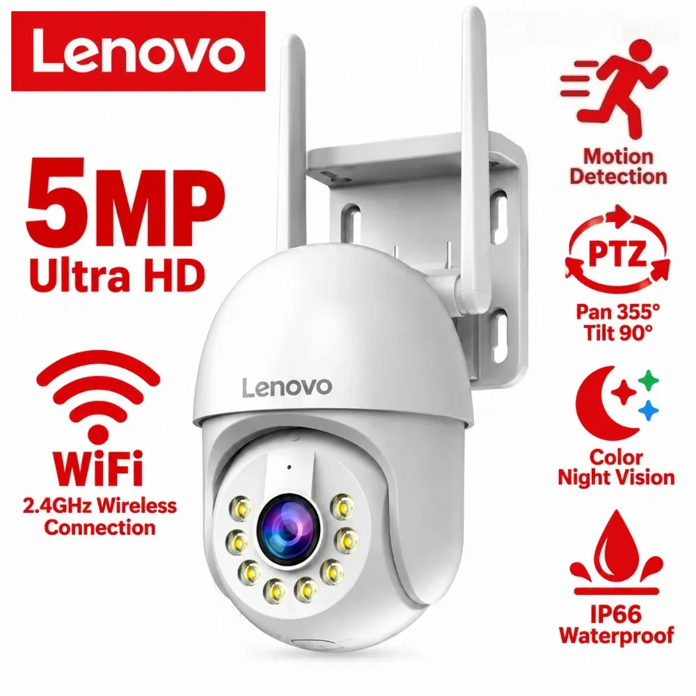 Caméra IP extérieure Lenovo 5 MP, étanche IP66, Wi-Fi, audio bidirectionnel, caméra de surveillance, alarme de mouvement, vision nocturne couleur HD - Image 1