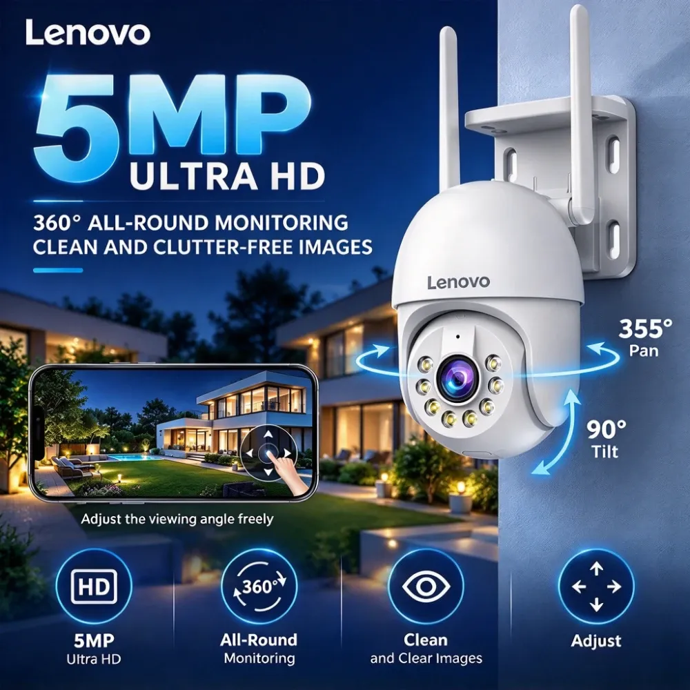 Caméra IP extérieure Lenovo 5 MP, étanche IP66, Wi-Fi, audio bidirectionnel, caméra de surveillance, alarme de mouvement, vision nocturne couleur HD 2