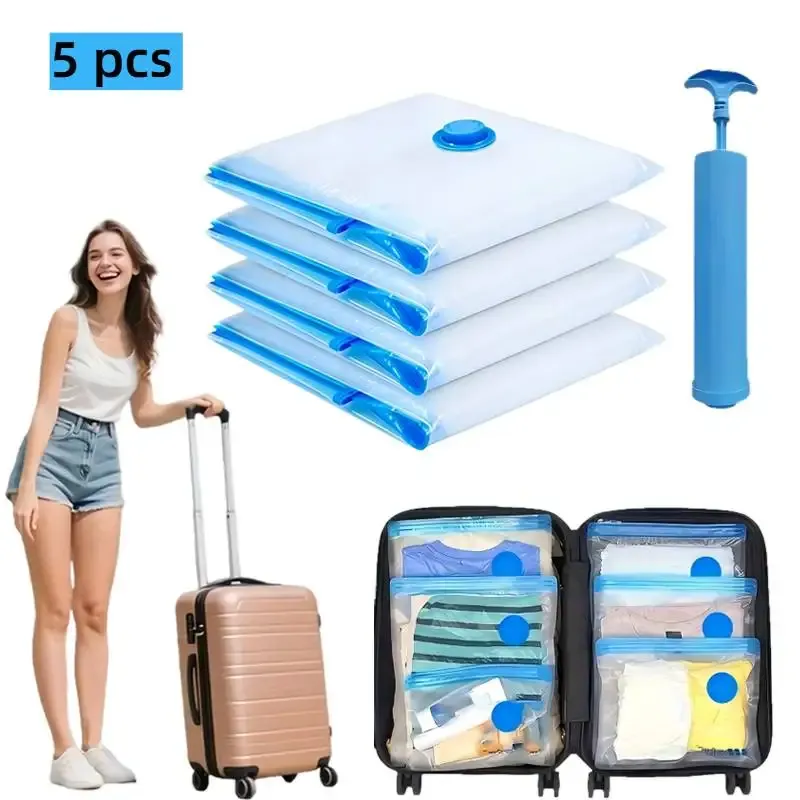 Lot de 5 sacs de rangement sous vide avec pompe manuelle pour vêtements, voyage, déménagement, couvertures et oreillers 1