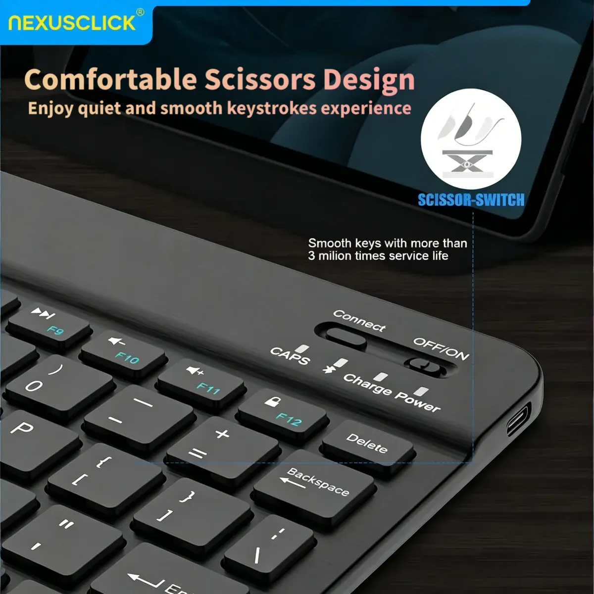 Clavier sans fil Bluetooth NexusClick compatible iPad (10e génération), iPad Pro, PC, Samsung, Xiaomi et tablettes Android 5