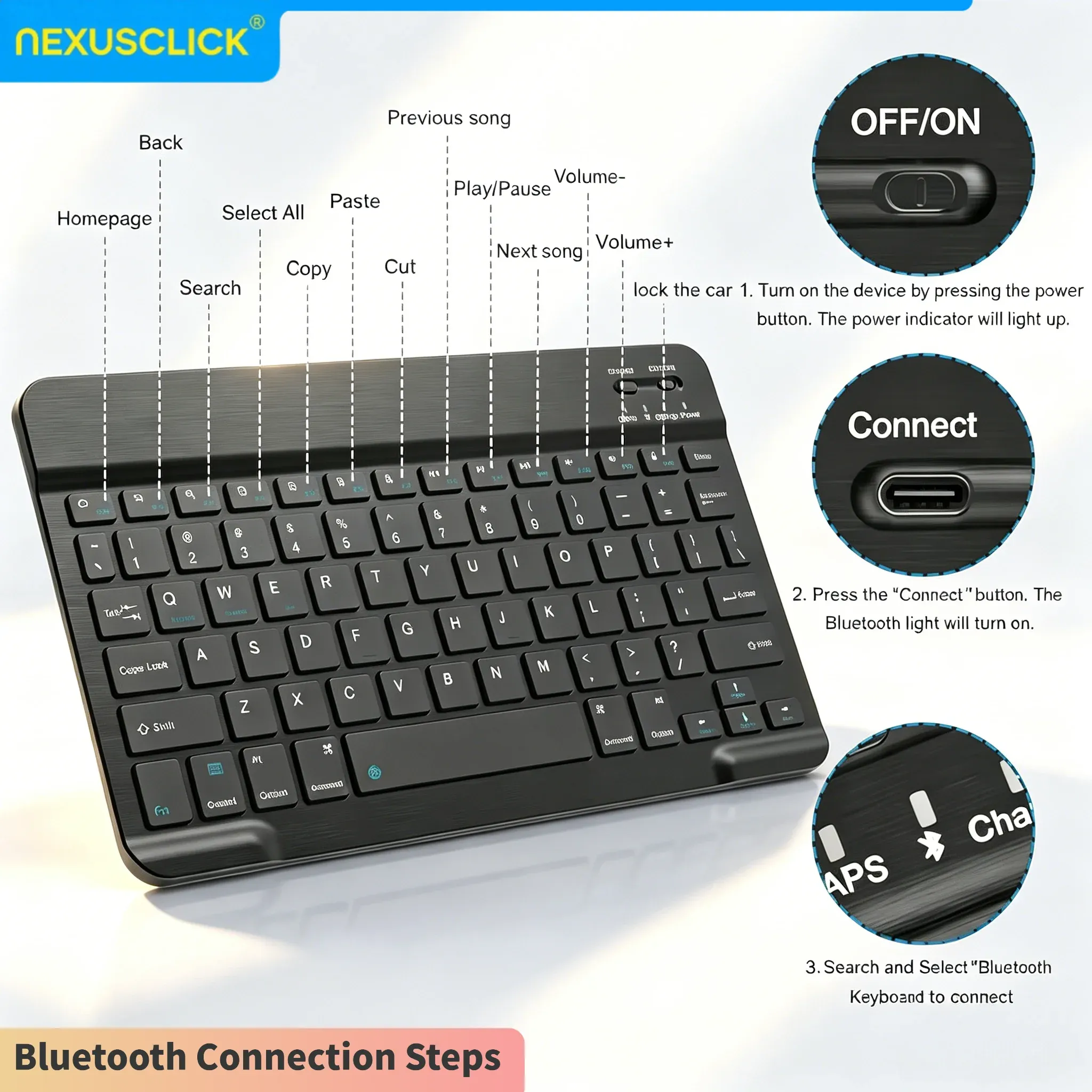 Clavier sans fil Bluetooth NexusClick compatible iPad (10e génération), iPad Pro, PC, Samsung, Xiaomi et tablettes Android 6