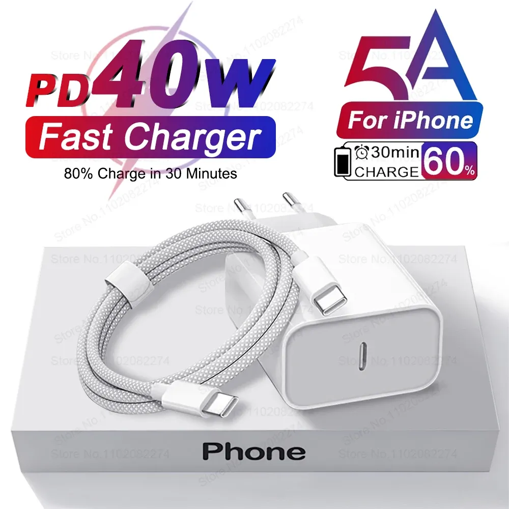 Chargeur USB-C à charge rapide 40 W PD pour iPhone, avec câble USB Type-C