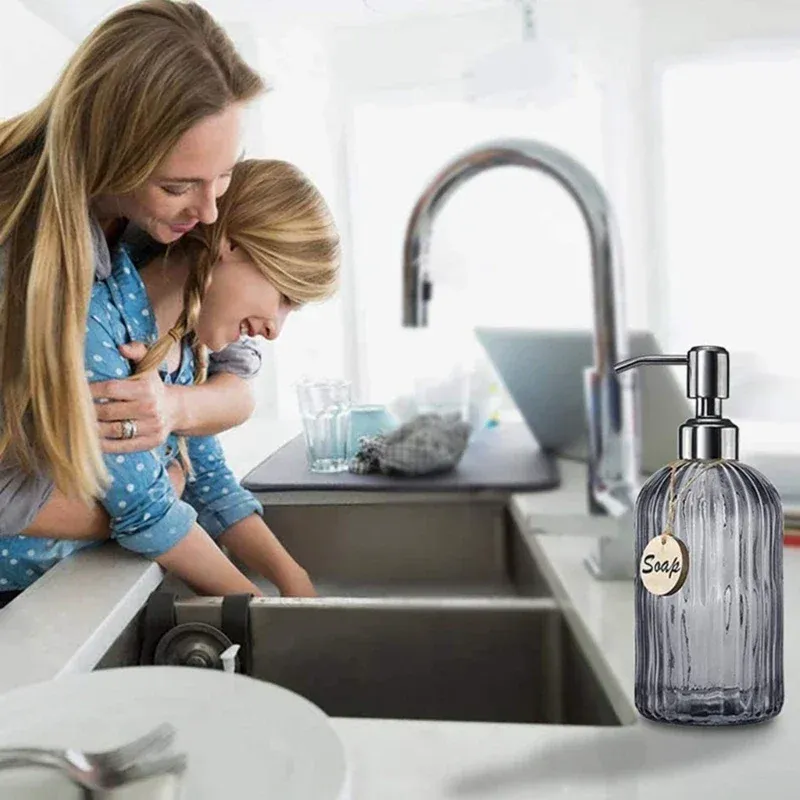 Distributeur de savon en verre transparent pour salle de bains, flacon vide rechargeable 4