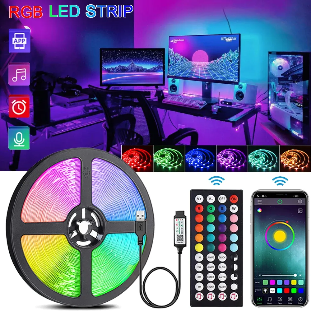 Bande lumineuse LED RVB avec télécommande, ruban flexible pour chambre, fête, bureau et TV, USB 5V